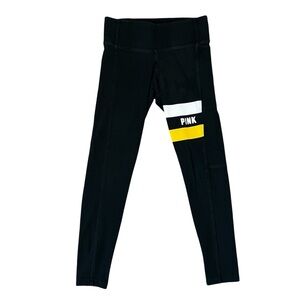 VS Pink, White & Yellow Striped Black Leggings, Size XS